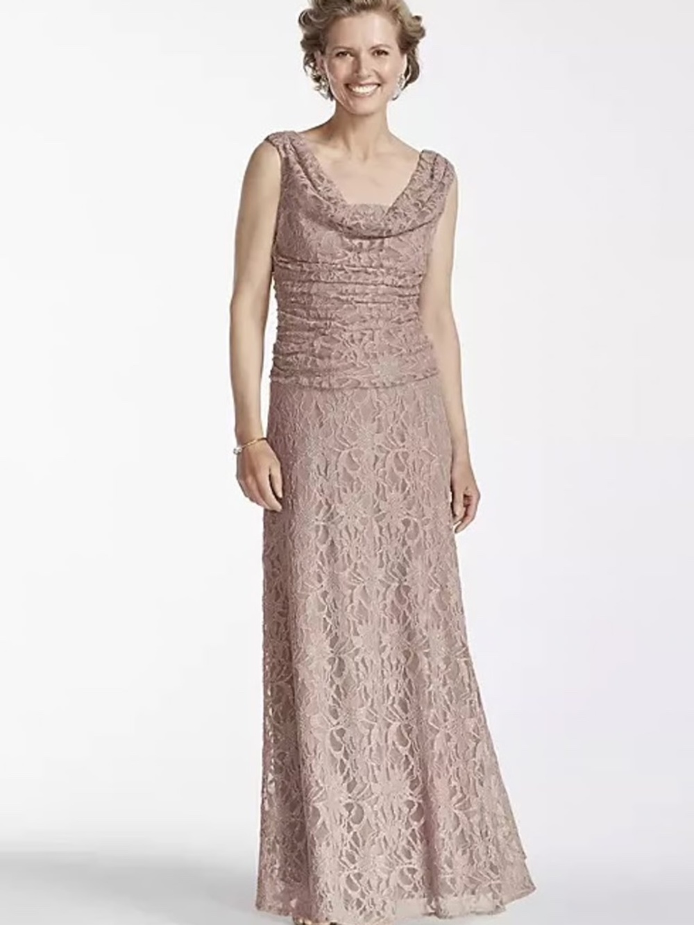 Nightway blush long glitter lace dress with cowl neckline (retails $159) - wome